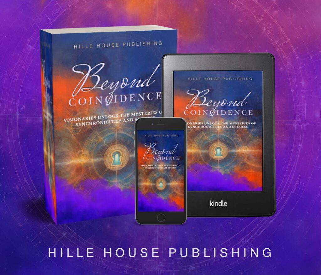 This promotional image announces the upcoming release of the book "Beyond Coincidence" by Hille House Publishing. The graphic displays the book in three formats: a physical hardcover, an e-reader, and a smartphone, all featuring a vibrant cover with abstract cosmic imagery in shades of blue and orange. The text "COMING SOON" is prominently displayed at the top. The background has a deep purple and orange gradient that complements the book covers, creating an eye-catching advertisement.